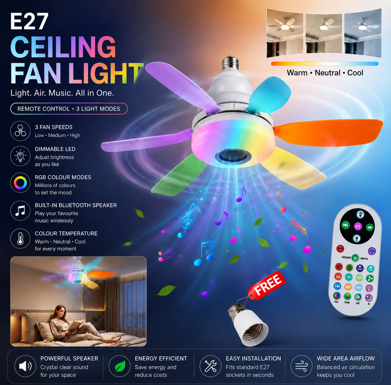 Lumia™ RGB Ceiling Fan Light with Bluetooth Speaker